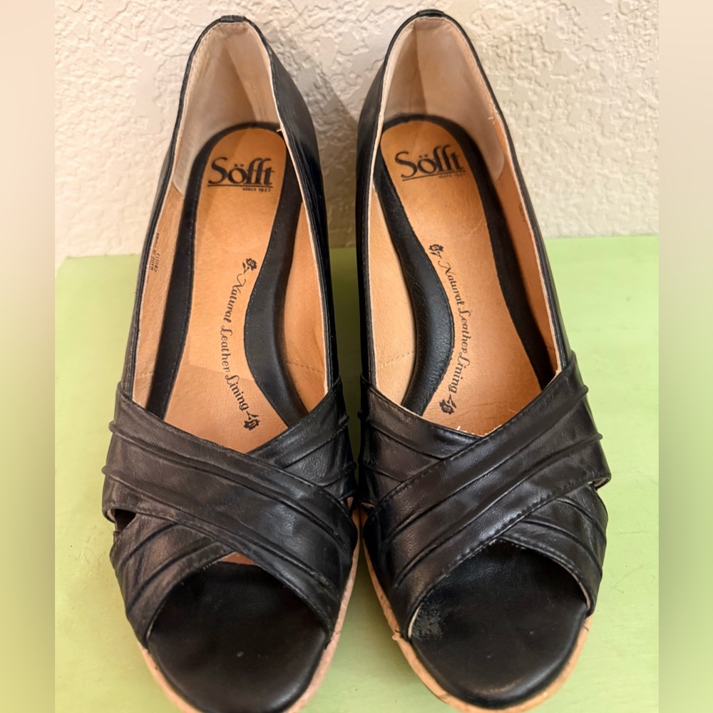 Sofft Black Leather Peep-Toe Wedges